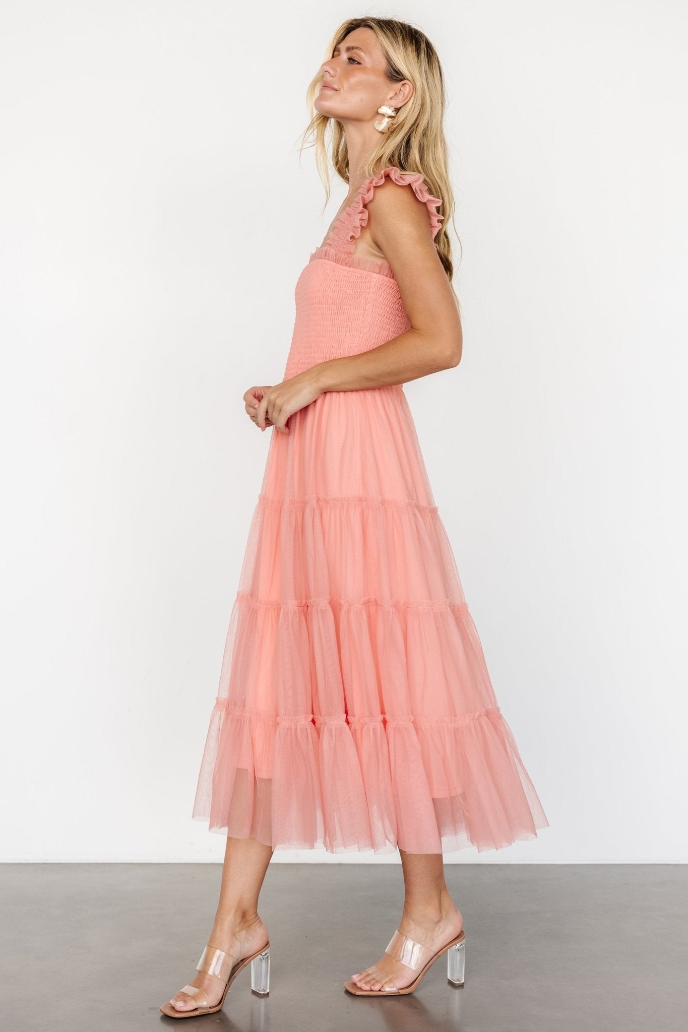 Coral Smocked Tulle Midi Dress with Ruffles | Baltic Born