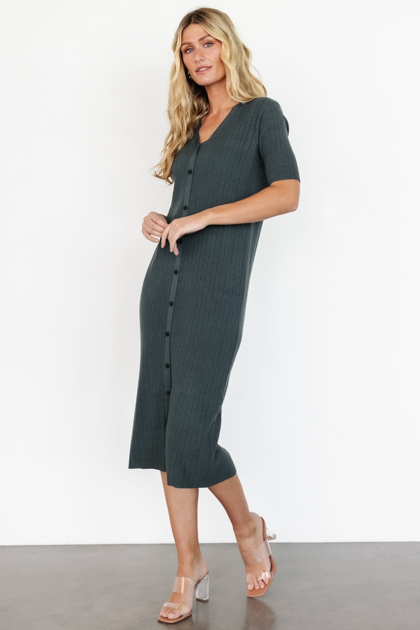 Ribbed Midi Dress with V-Neck & Short Sleeves | Baltic Born