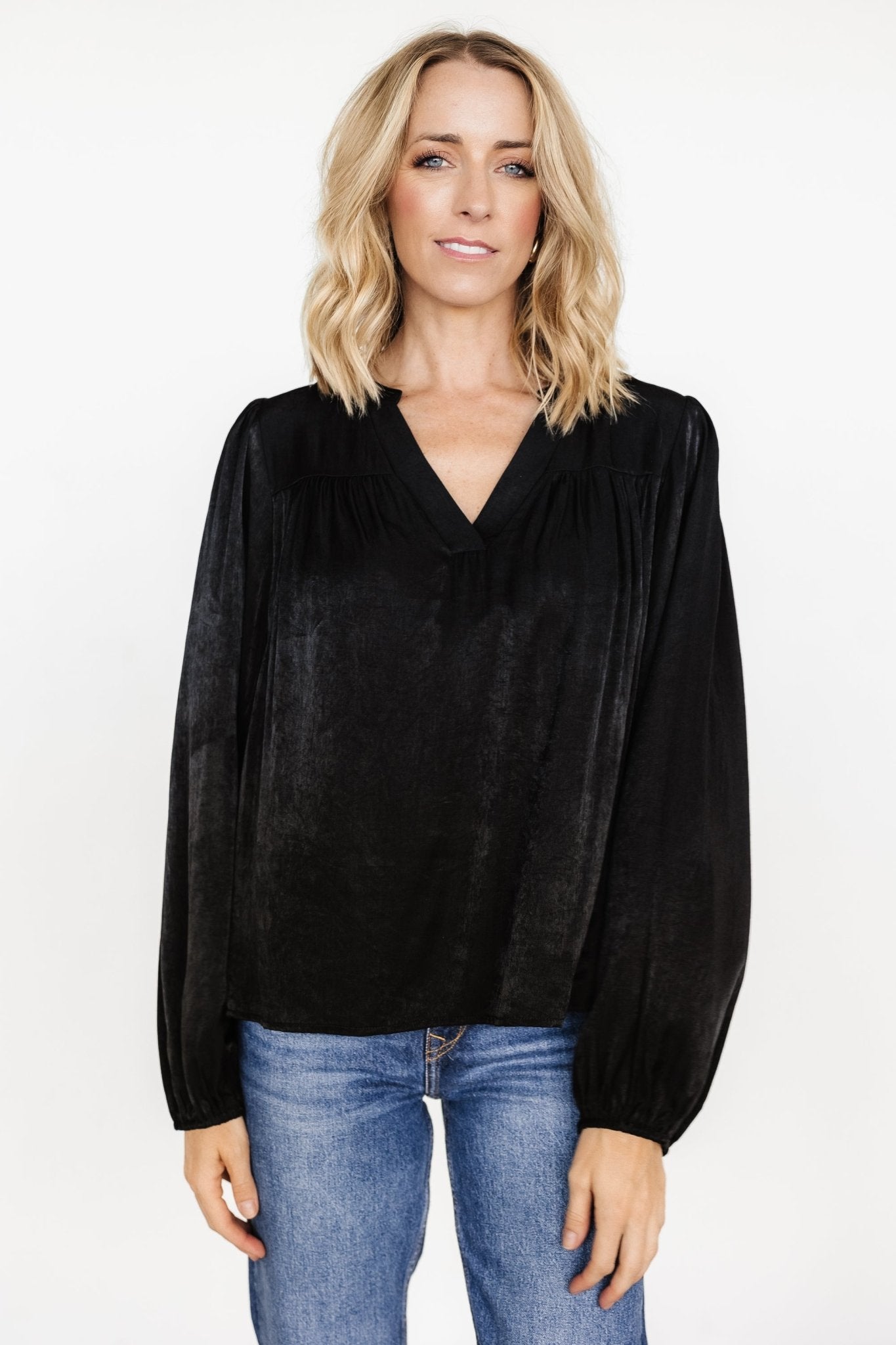 Black Mandarin Neck Blouse with Puff Sleeves | Alina