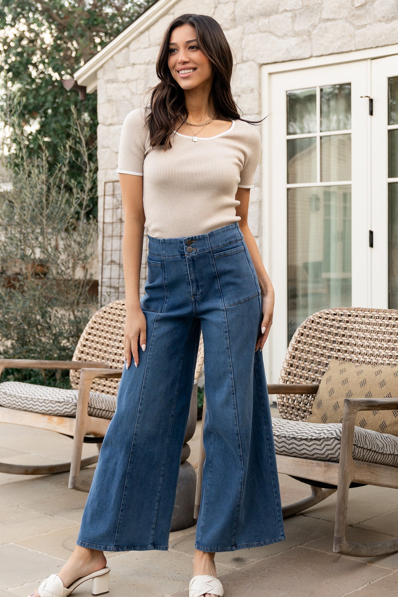 Mid Rise Wide Leg Jeans for Women | Dark Wash & Stretch | Emmi