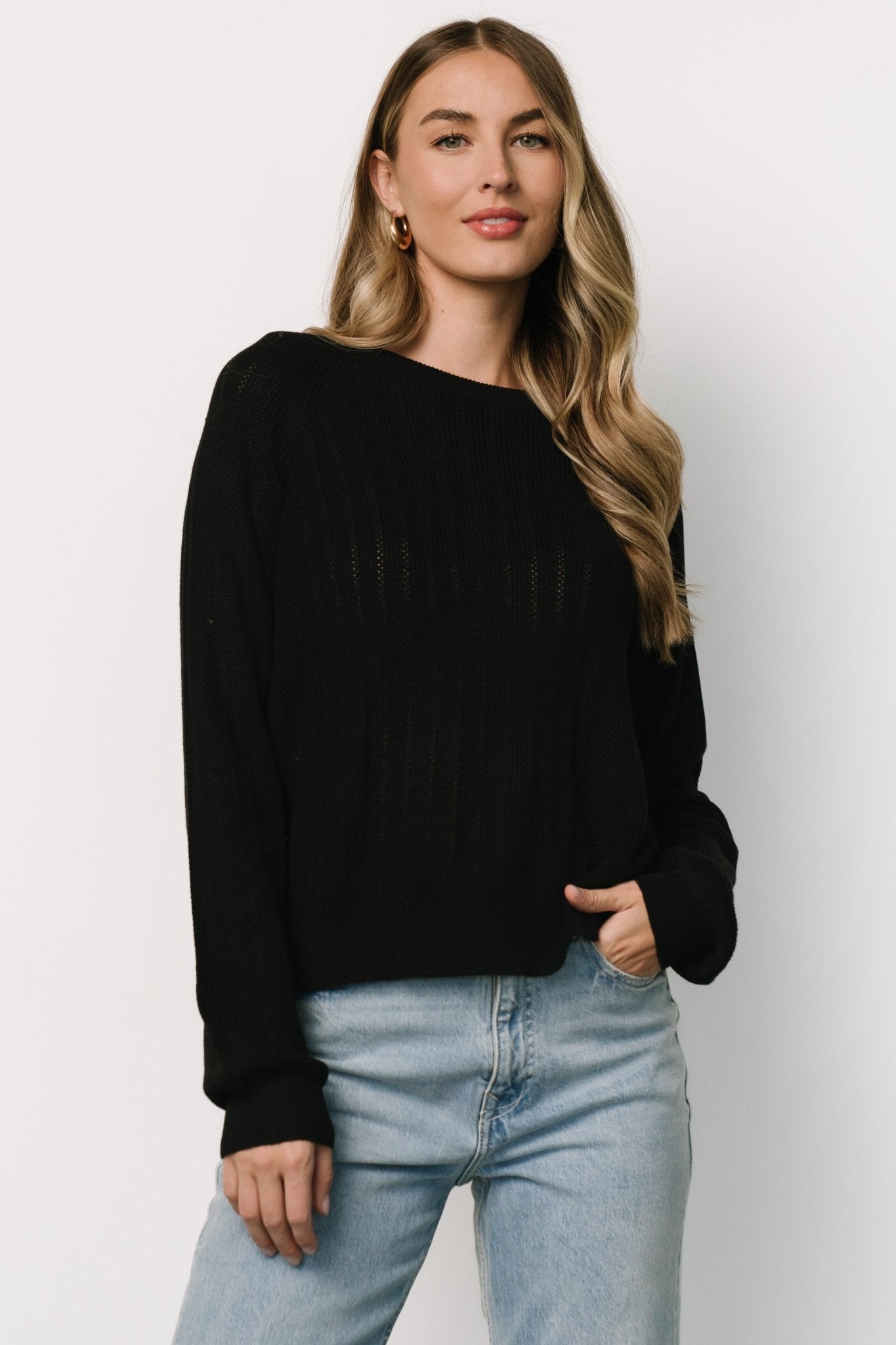 Black Knit Sweater Top with High Neck & Long Sleeves | Alix