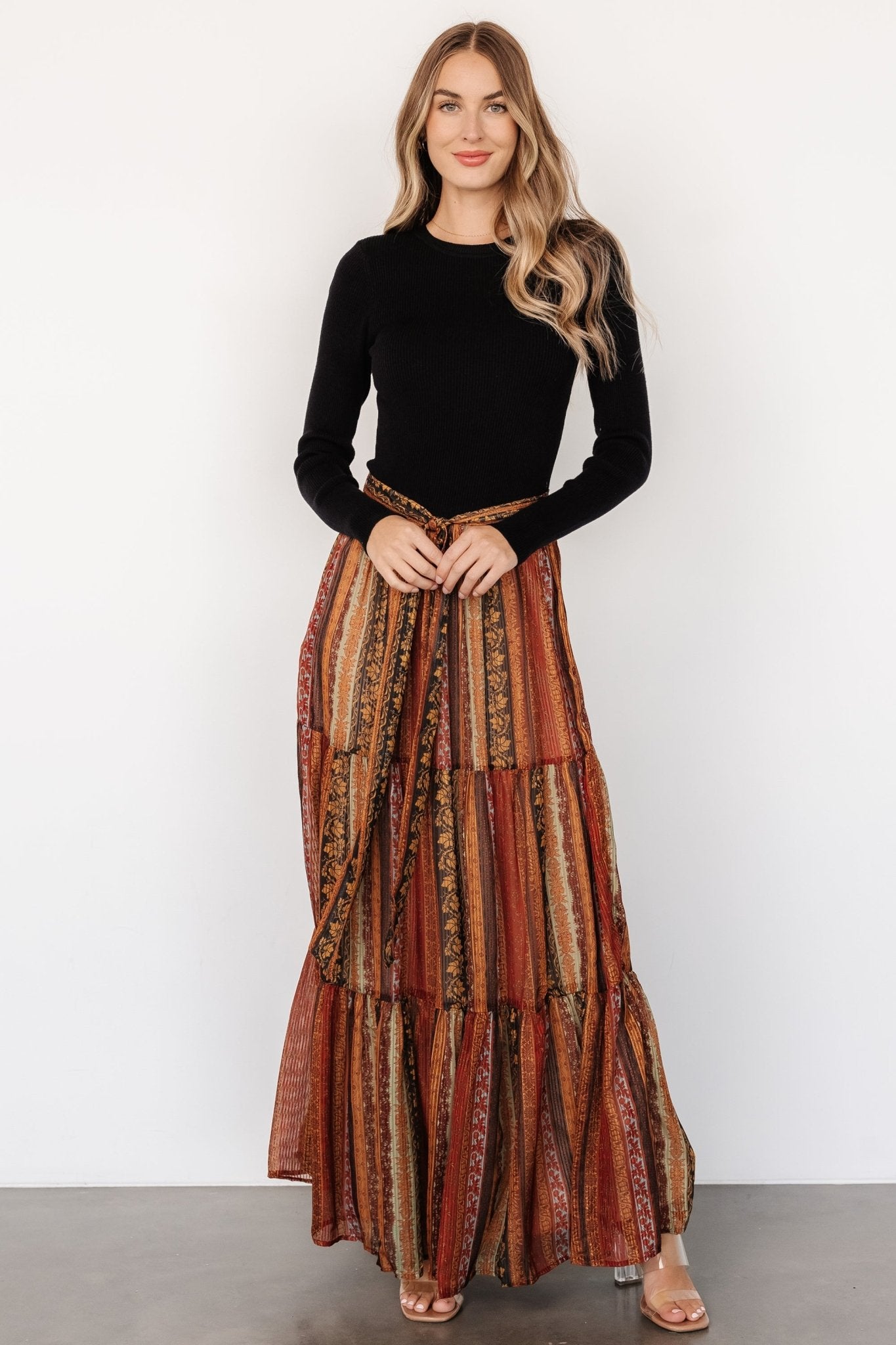 Black & Multi Print Sweater Dress with Removable Sash | Emryn