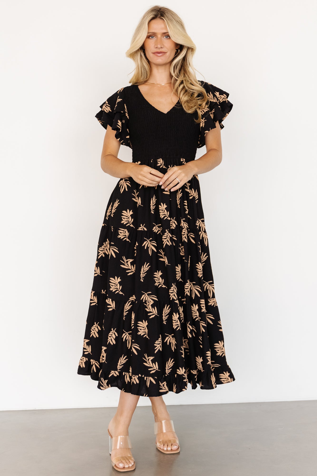 Black & Tan Leaf Print Smocked Midi Dress | Baltic Born