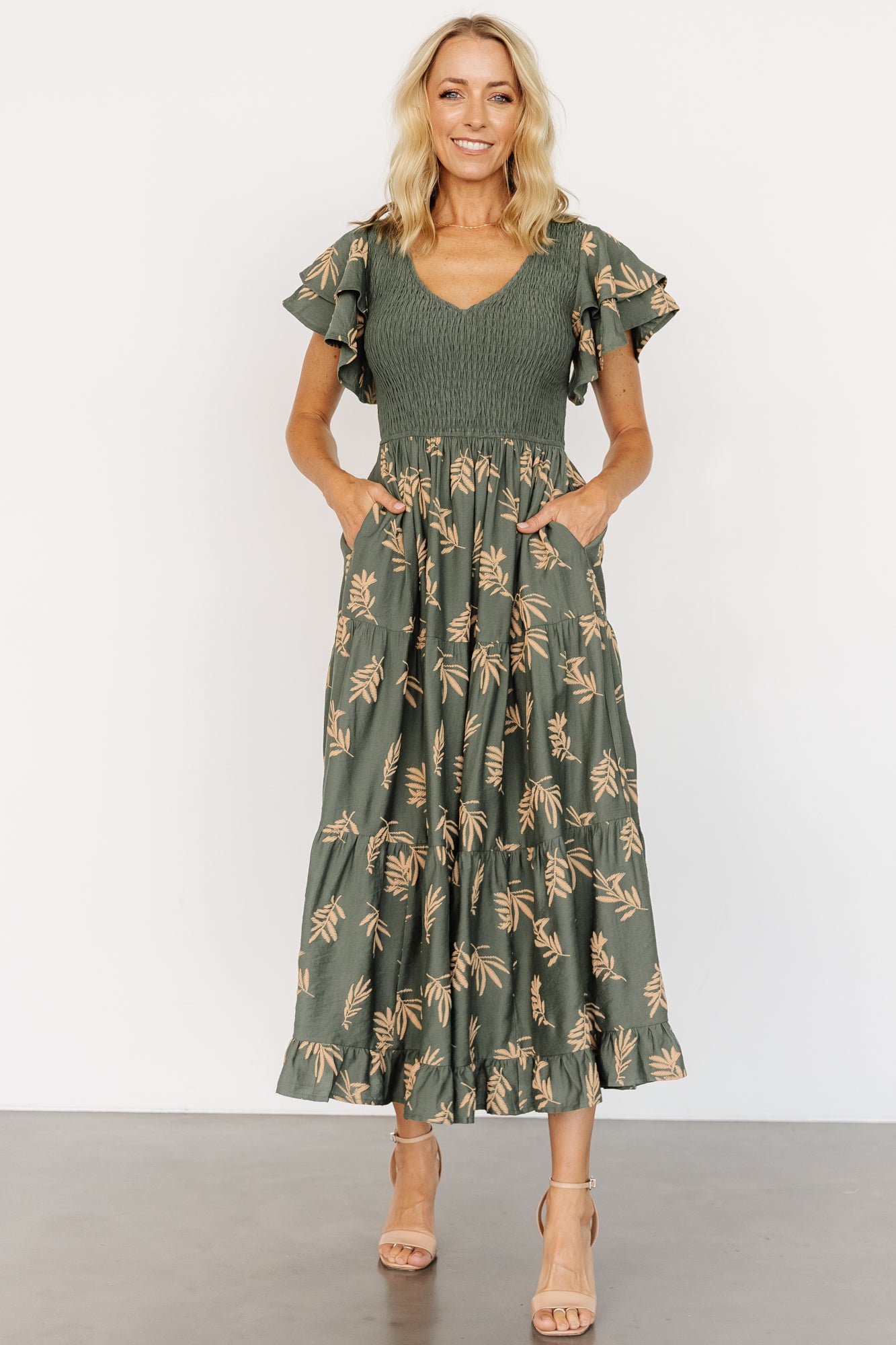 Green & Tan Leaf Print Smocked Midi Dress | Baltic Born