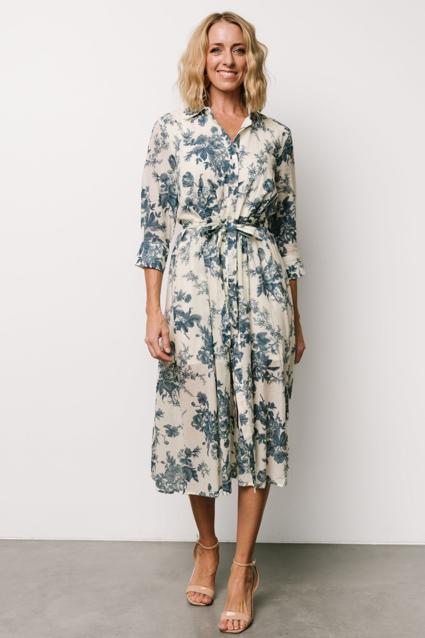 Floral Button Midi Dress with Removable Sash | Cotton Blend