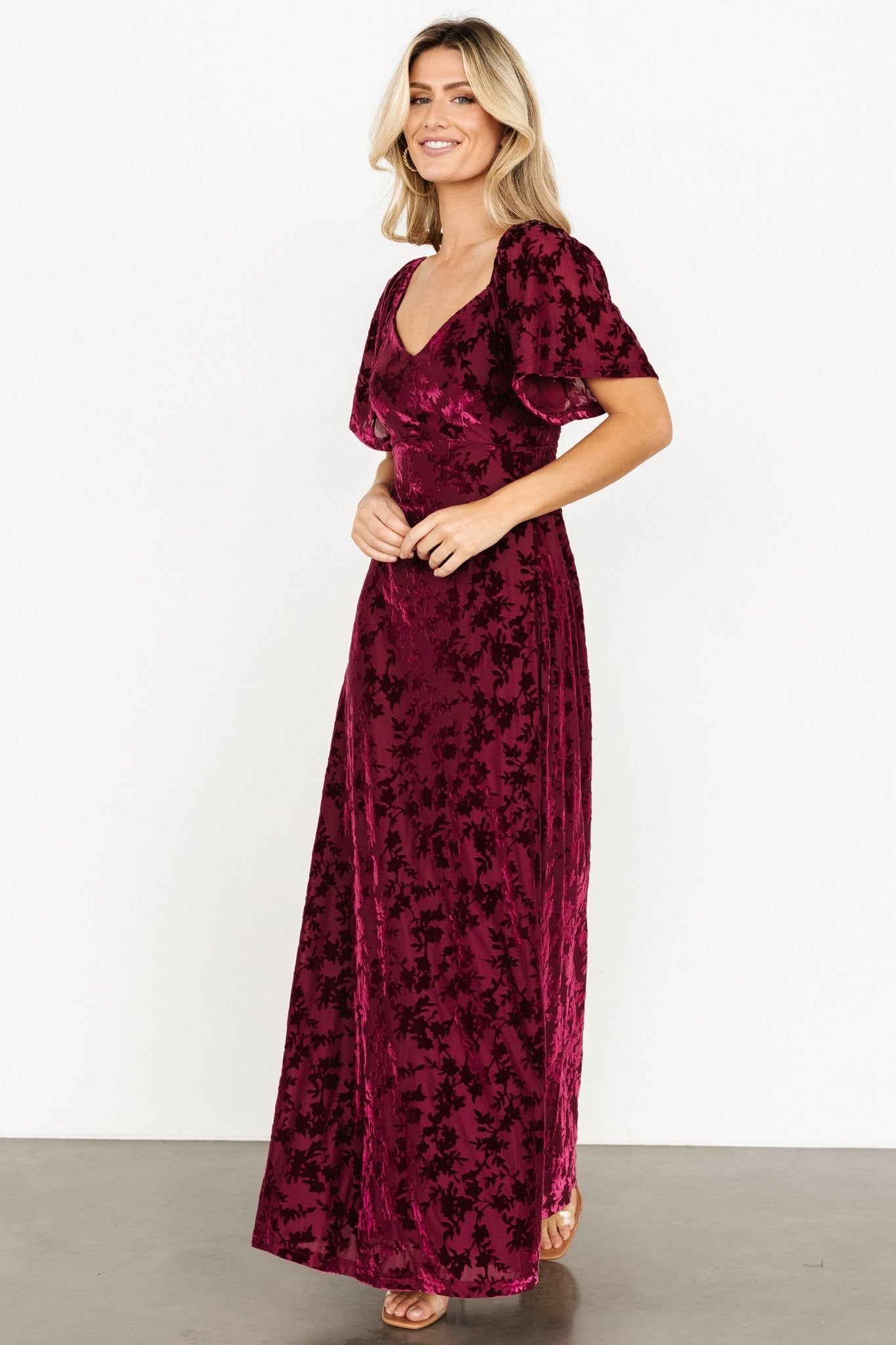 Velvet Maxi Dress with Sweetheart Neckline & Smocked Back | Everley Mulberry