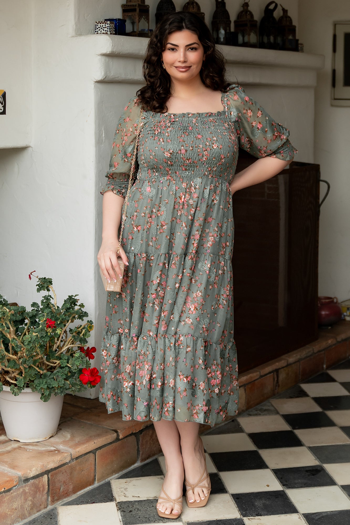 Floral Jacquard Midi Dress with Smocked Bodice | Baltic Born