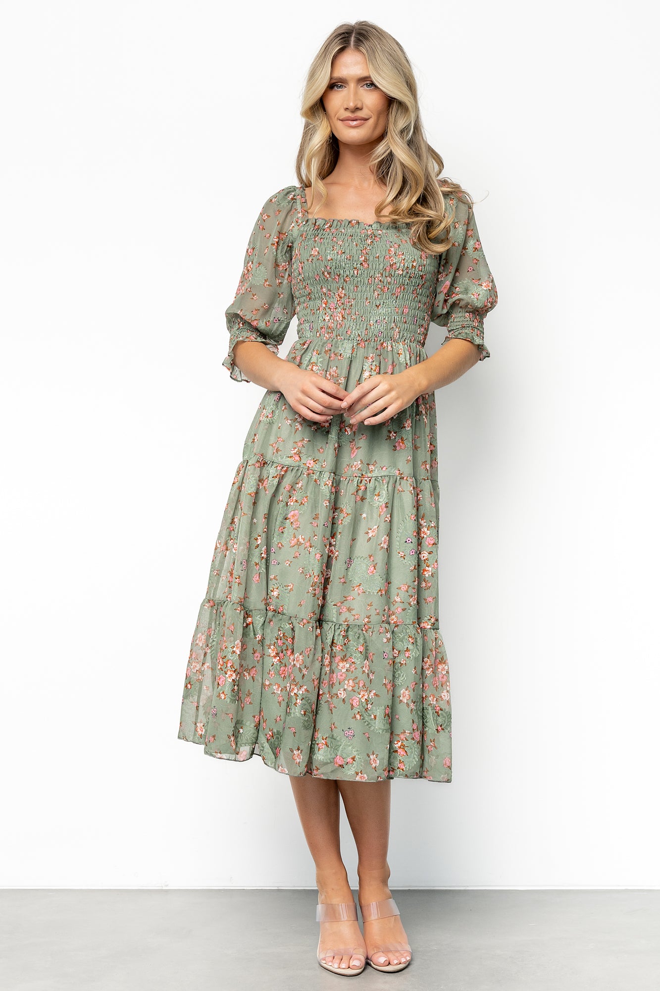 Floral Jacquard Midi Dress with Smocked Bodice | Baltic Born