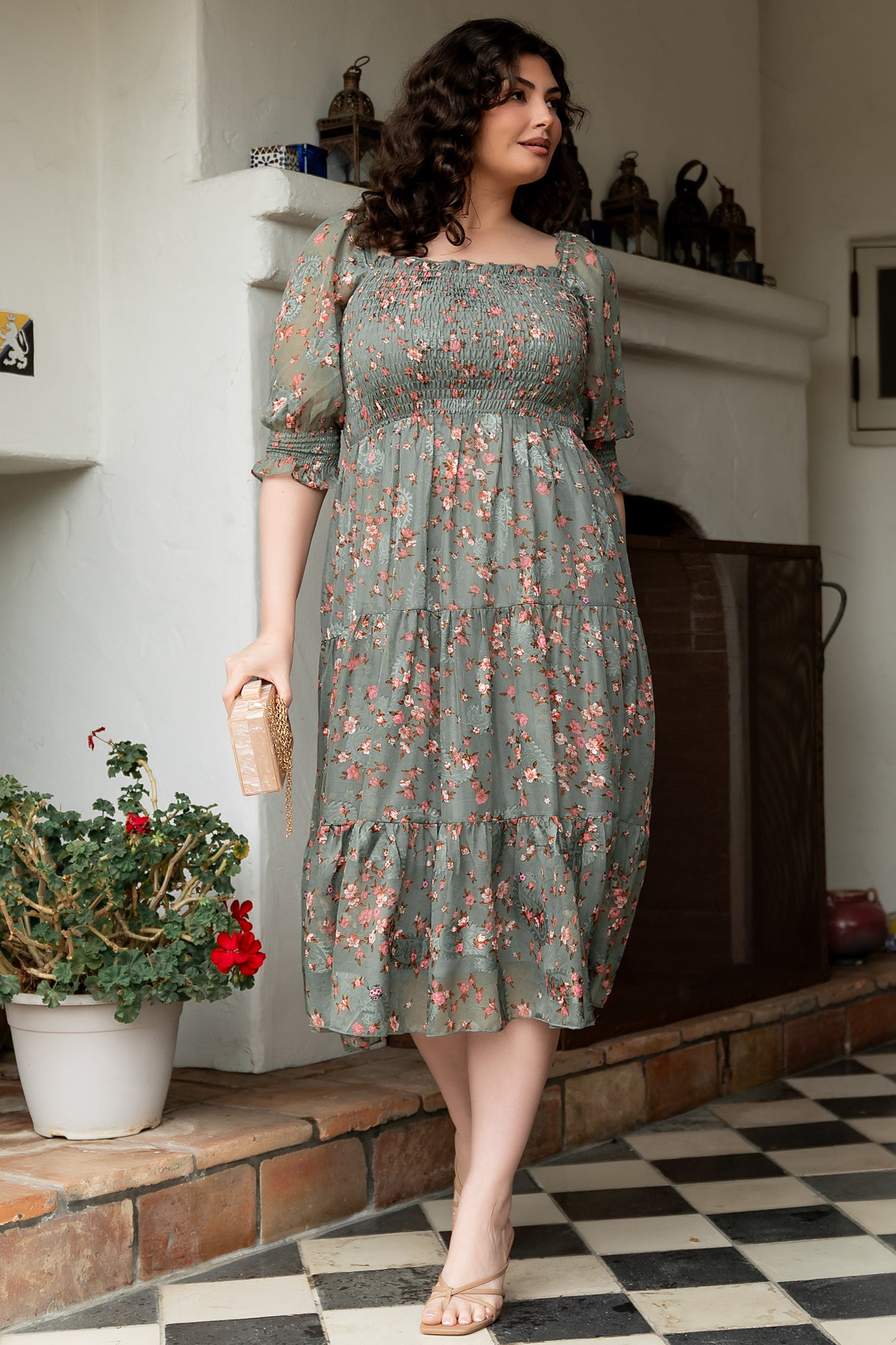 Floral Jacquard Midi Dress with Smocked Bodice | Baltic Born