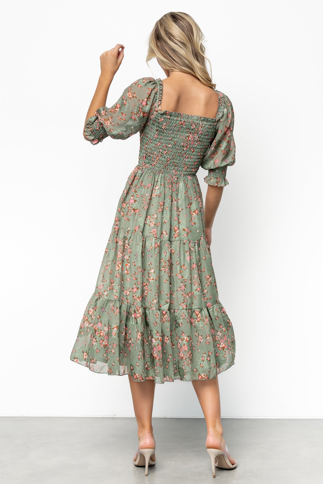 Floral Jacquard Midi Dress with Smocked Bodice | Baltic Born