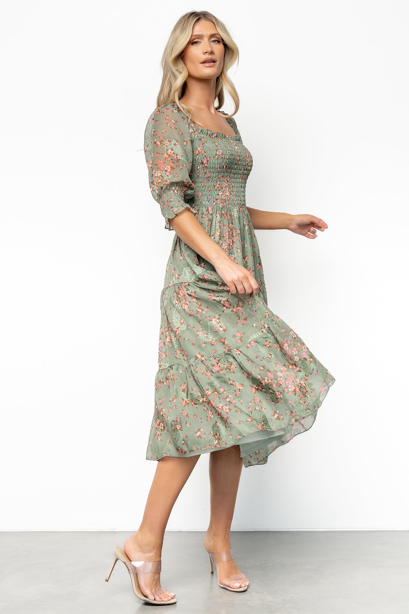 Floral Jacquard Midi Dress with Smocked Bodice | Baltic Born