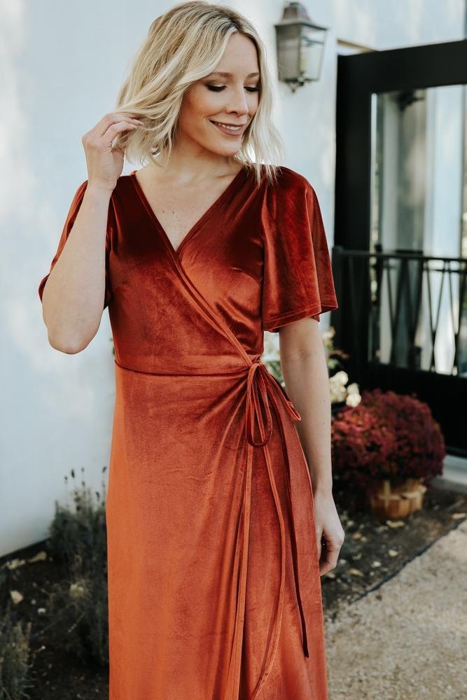 Meghan Velvet Fabric Swatch | Rust Color Sample for Dresses