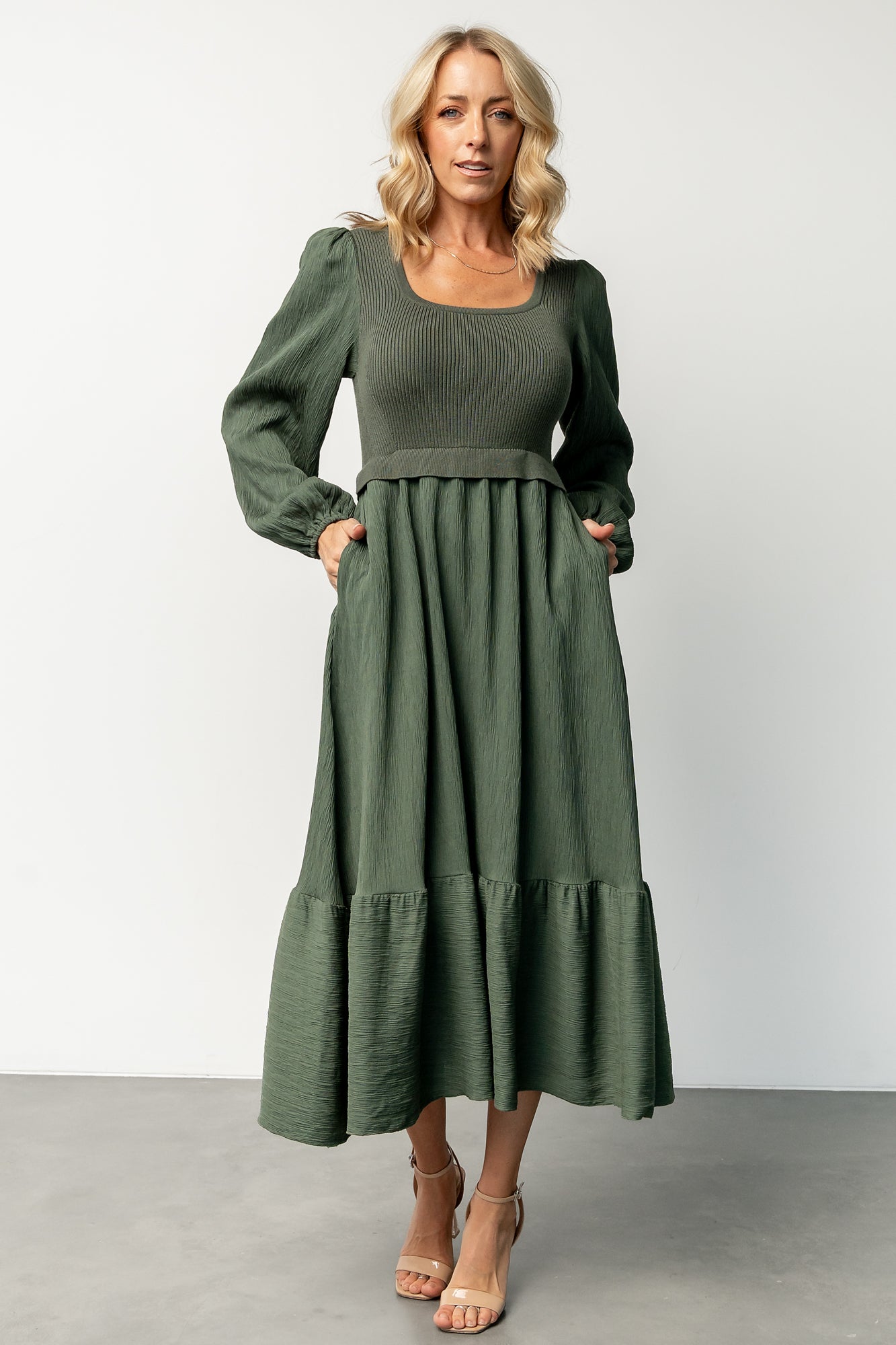 Ribbed Knit Sweater Dress with Pockets & Ruffles | Alva Dusty Green