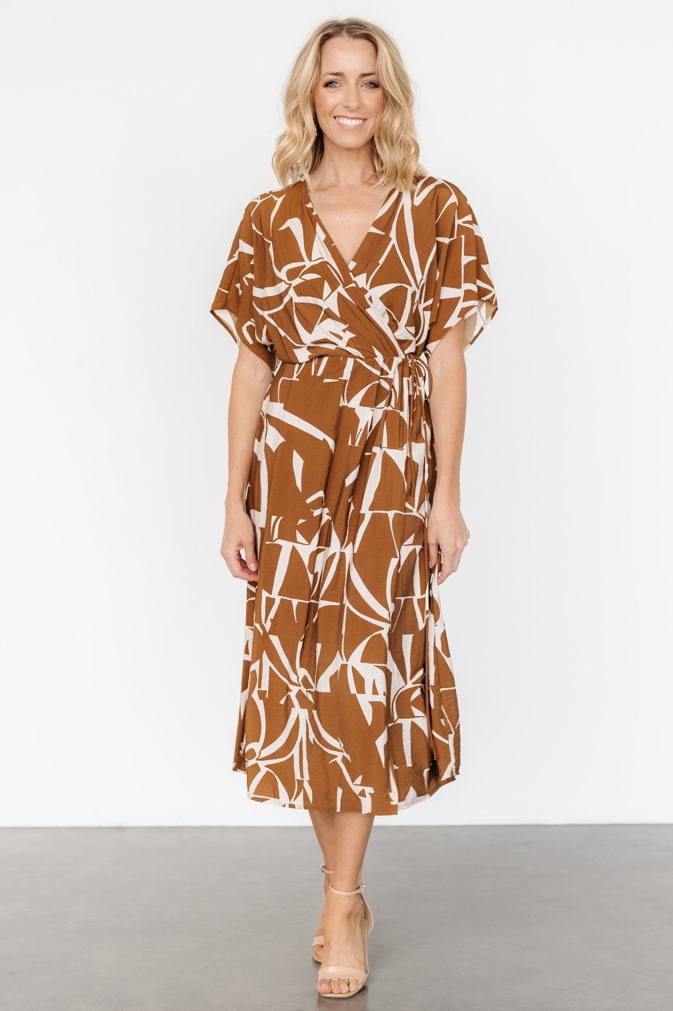 Faux Wrap Dress in Brown Print | Linen Blend & Surplice Neckline | Fantino