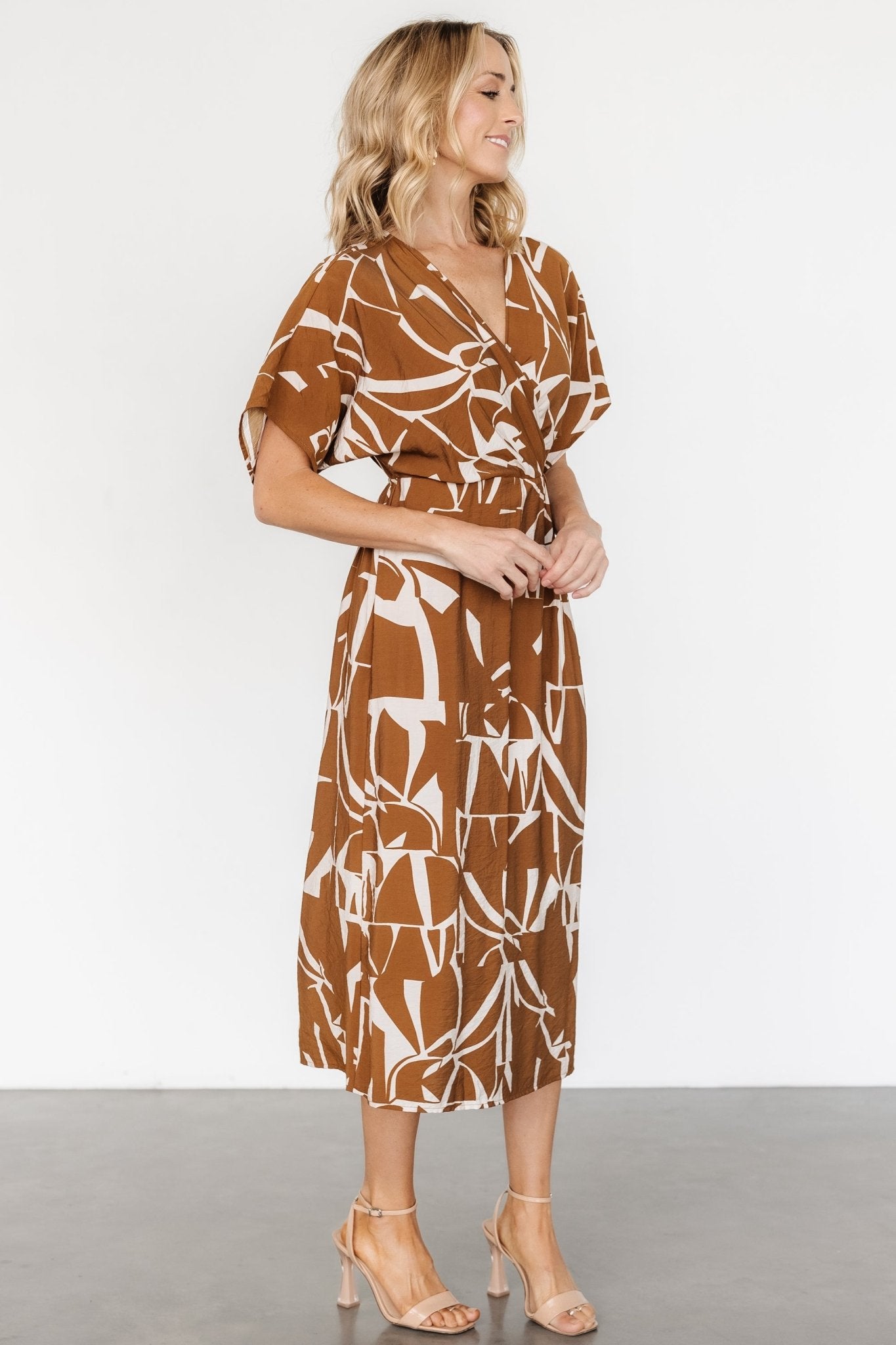 Faux Wrap Dress in Brown Print | Linen Blend & Surplice Neckline | Fantino