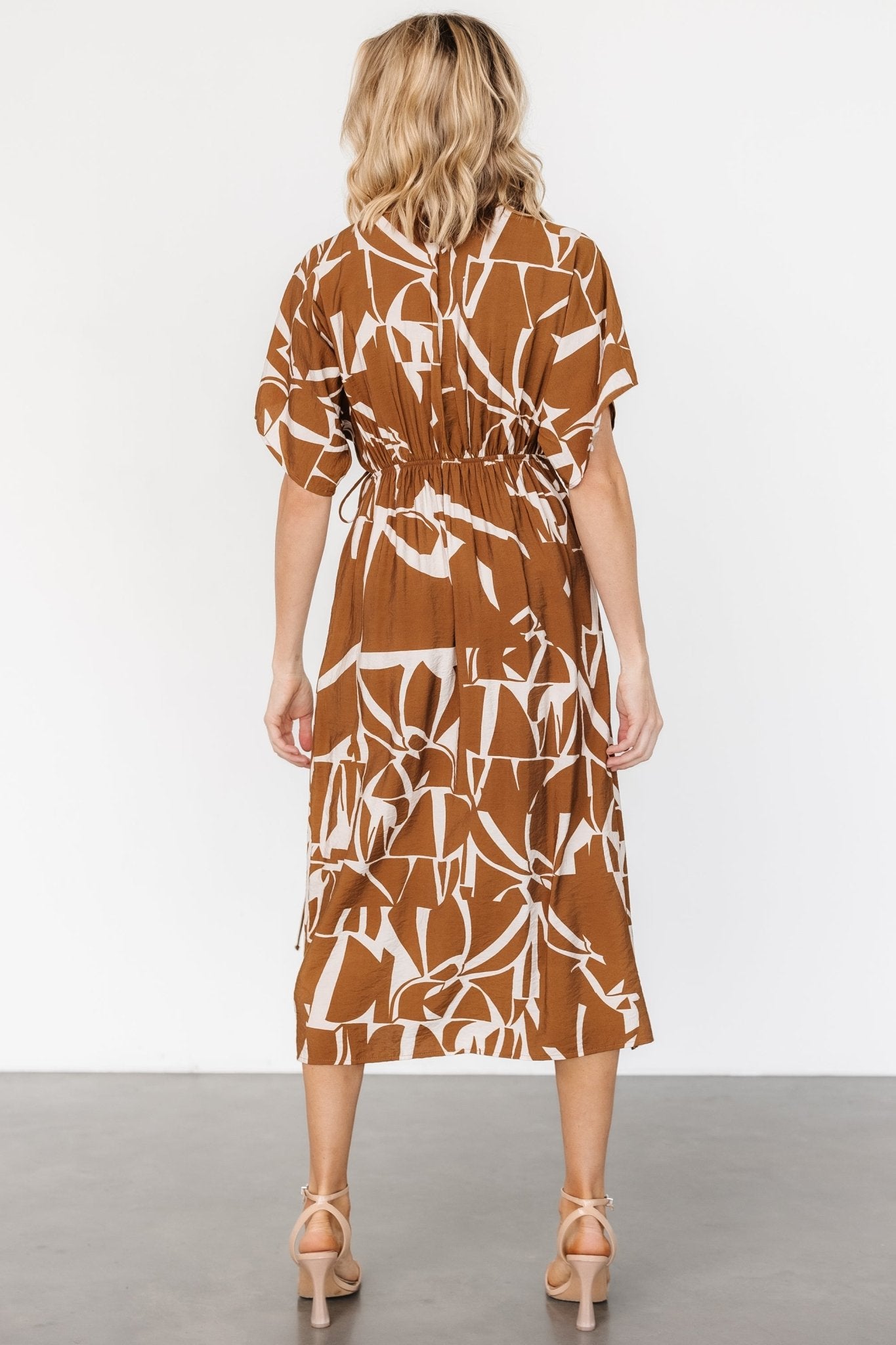 Faux Wrap Dress in Brown Print | Linen Blend & Surplice Neckline | Fantino