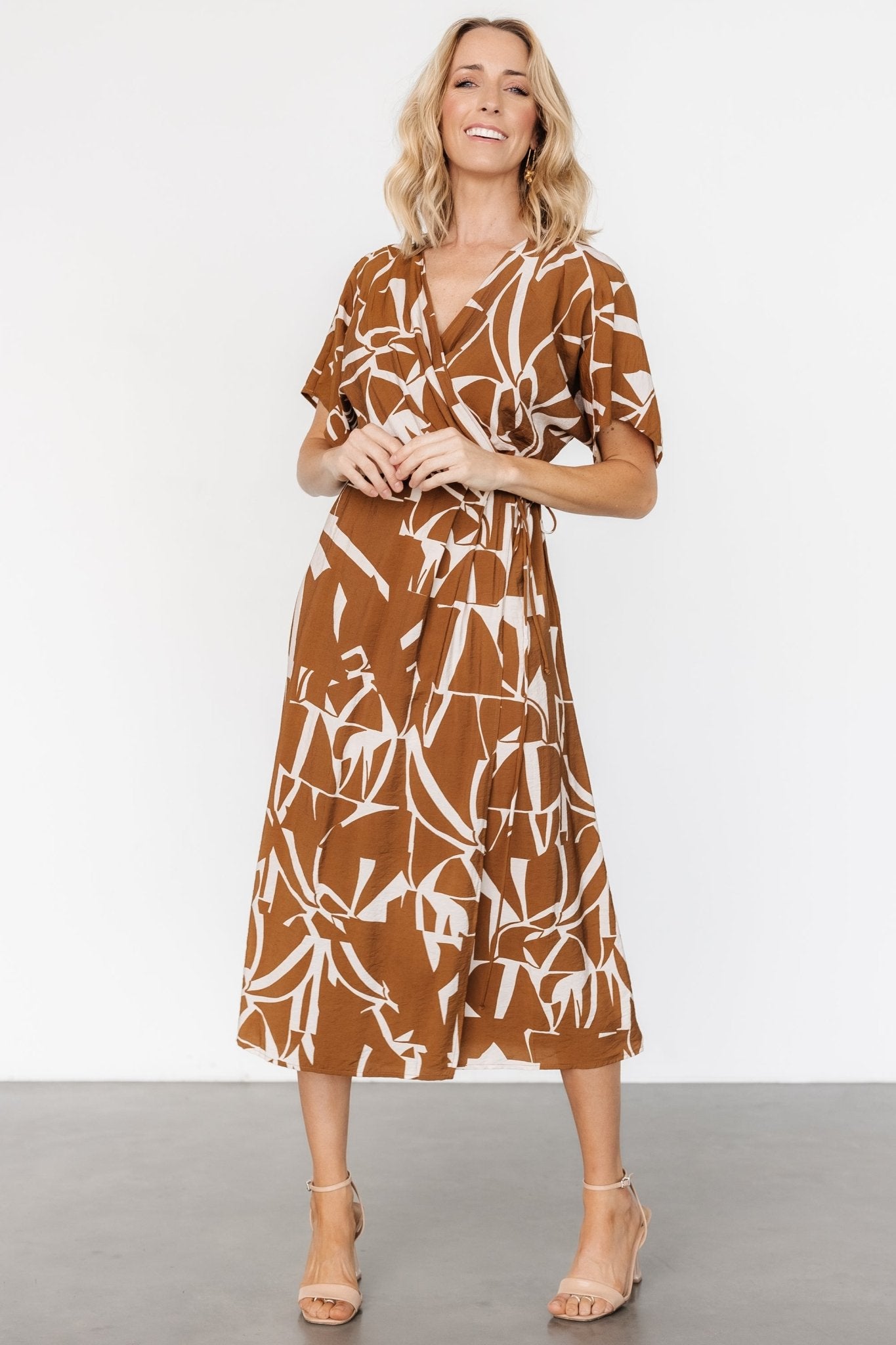 Faux Wrap Dress in Brown Print | Linen Blend & Surplice Neckline | Fantino