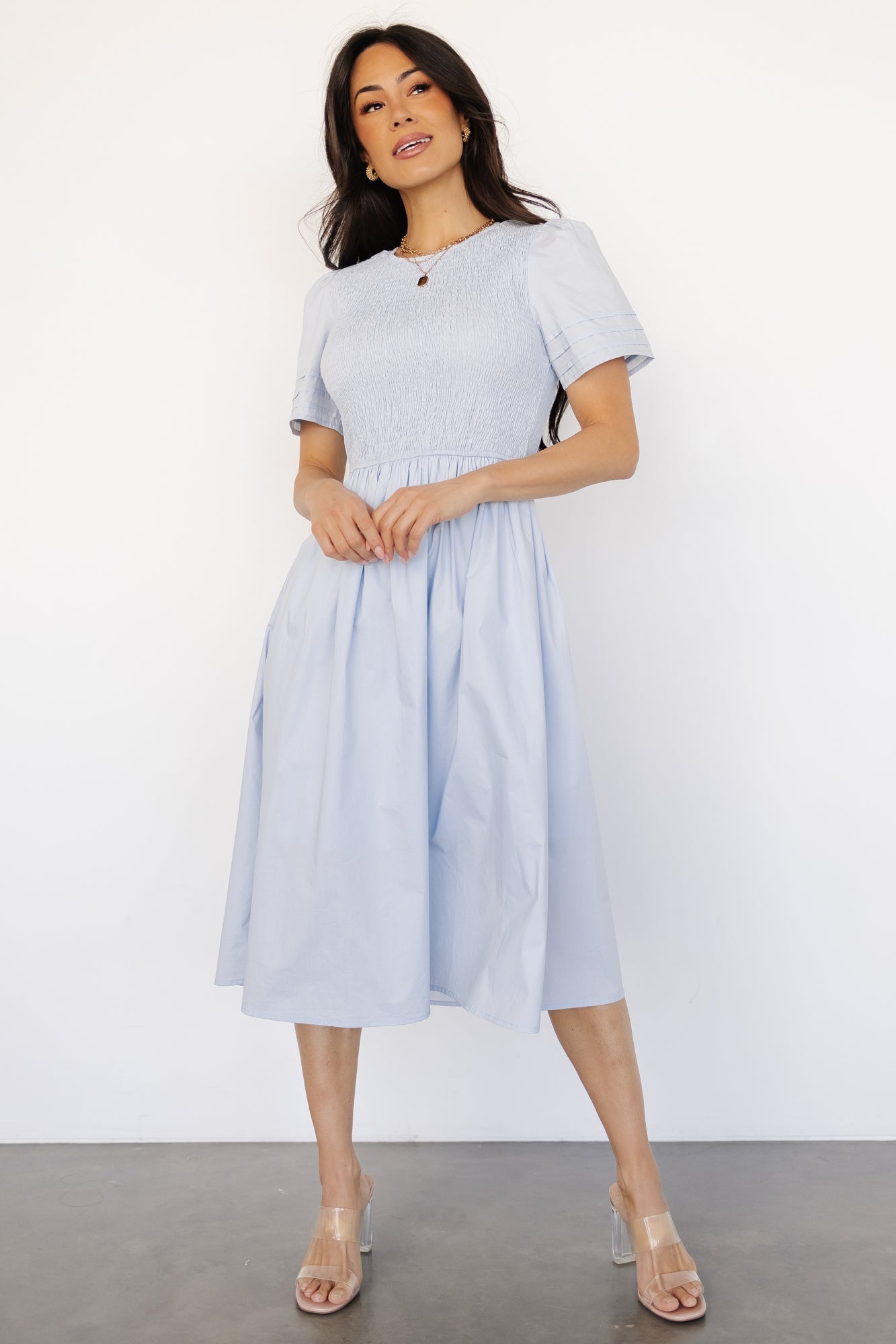 Light Blue Smocked Cotton Midi Dress with Short Sleeves | Baltic Born