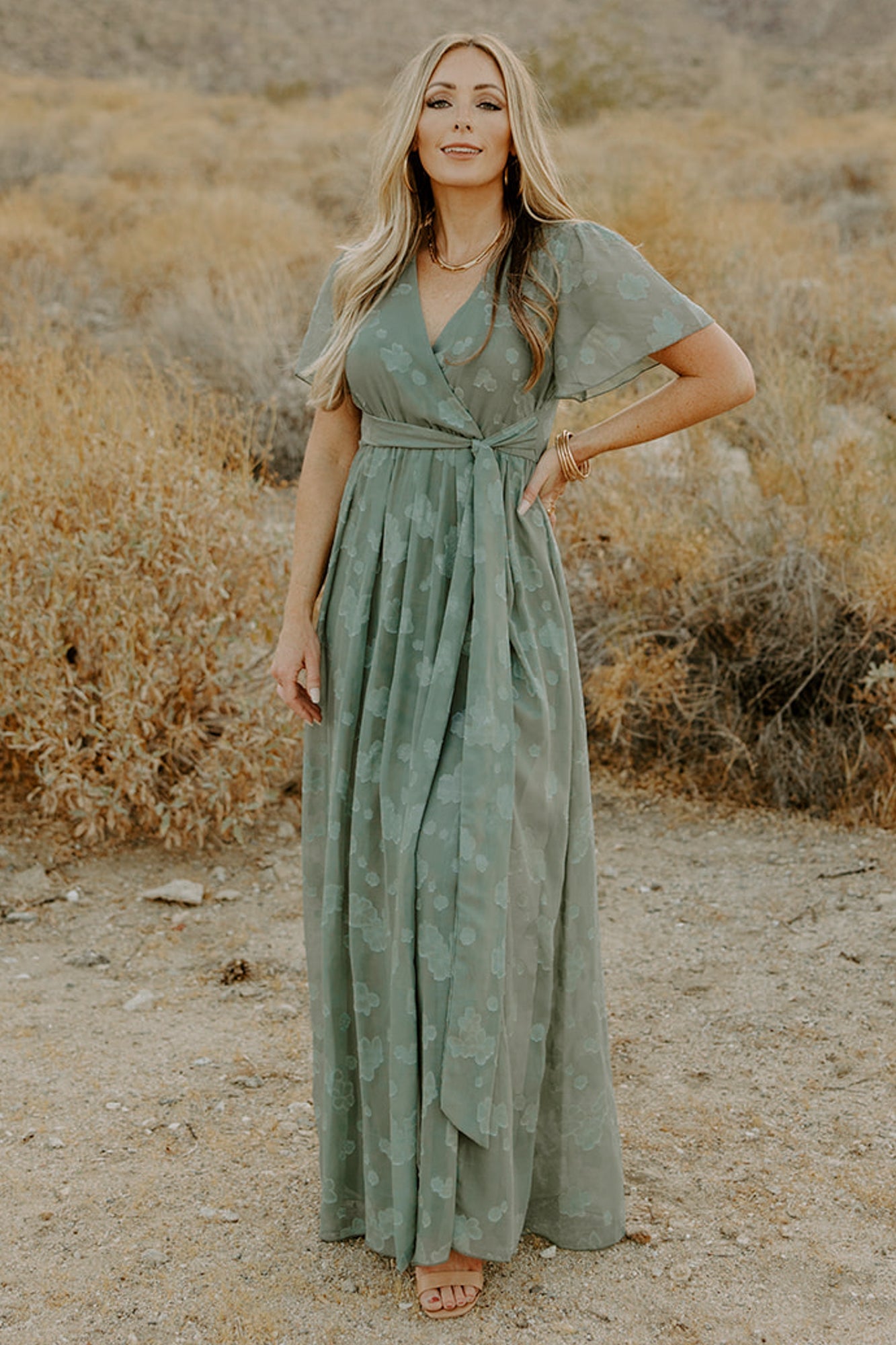 Eucalyptus Green Maxi Dress with Slit & Flutter Sleeves | Baltic Born