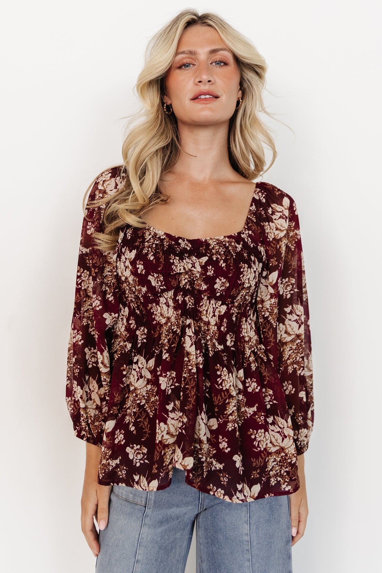 Burgundy Floral Smocked Top with Elastic Neckline & Cuffs | Baltic Born