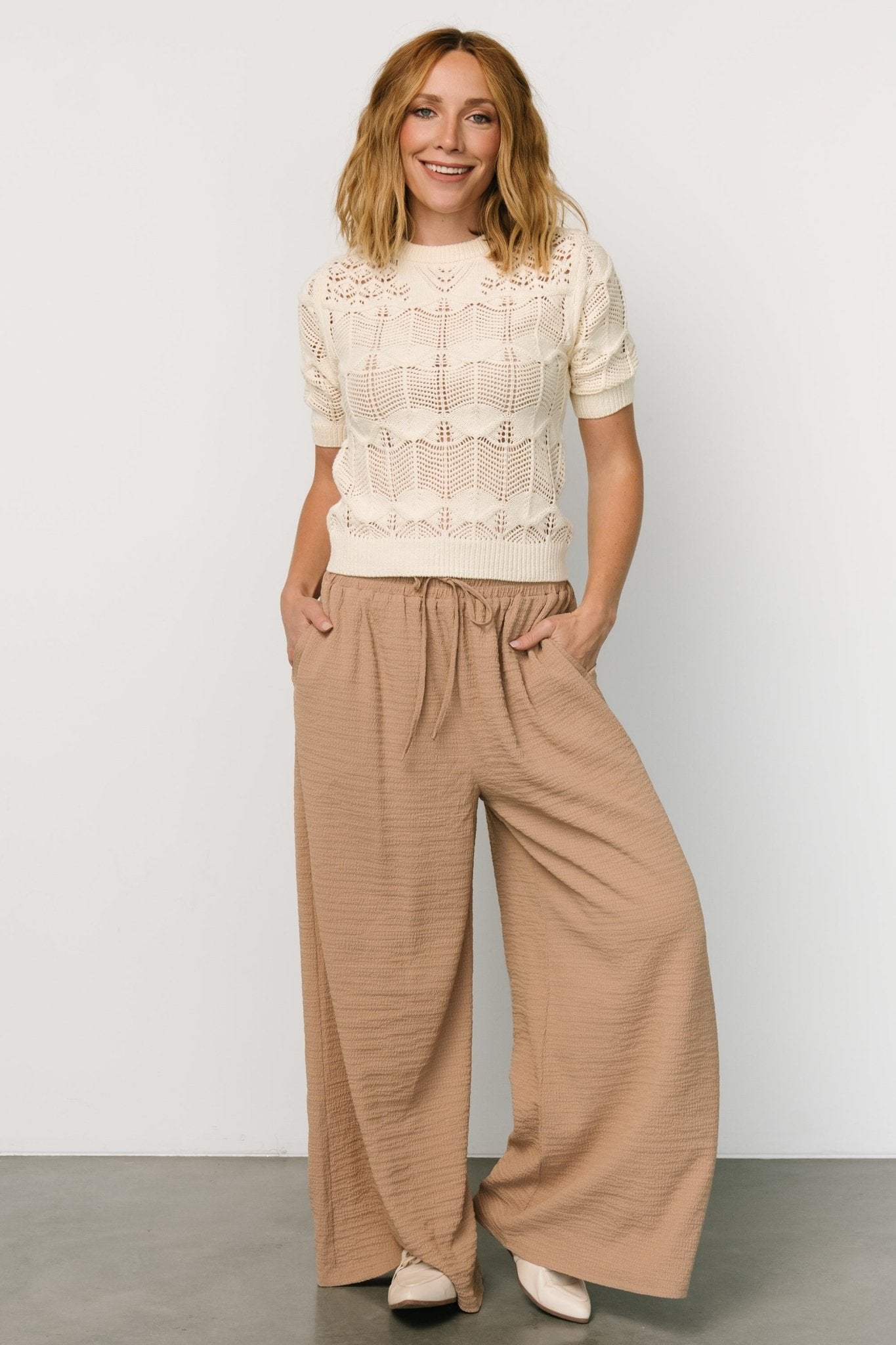 Beige Wide-Leg Textured Pants for Travel & Work | Florence Style
