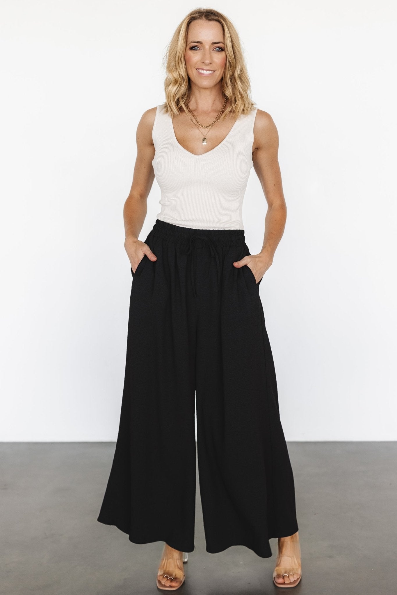 Wide-Leg Black Pants for Travel & Work | Florence Textured