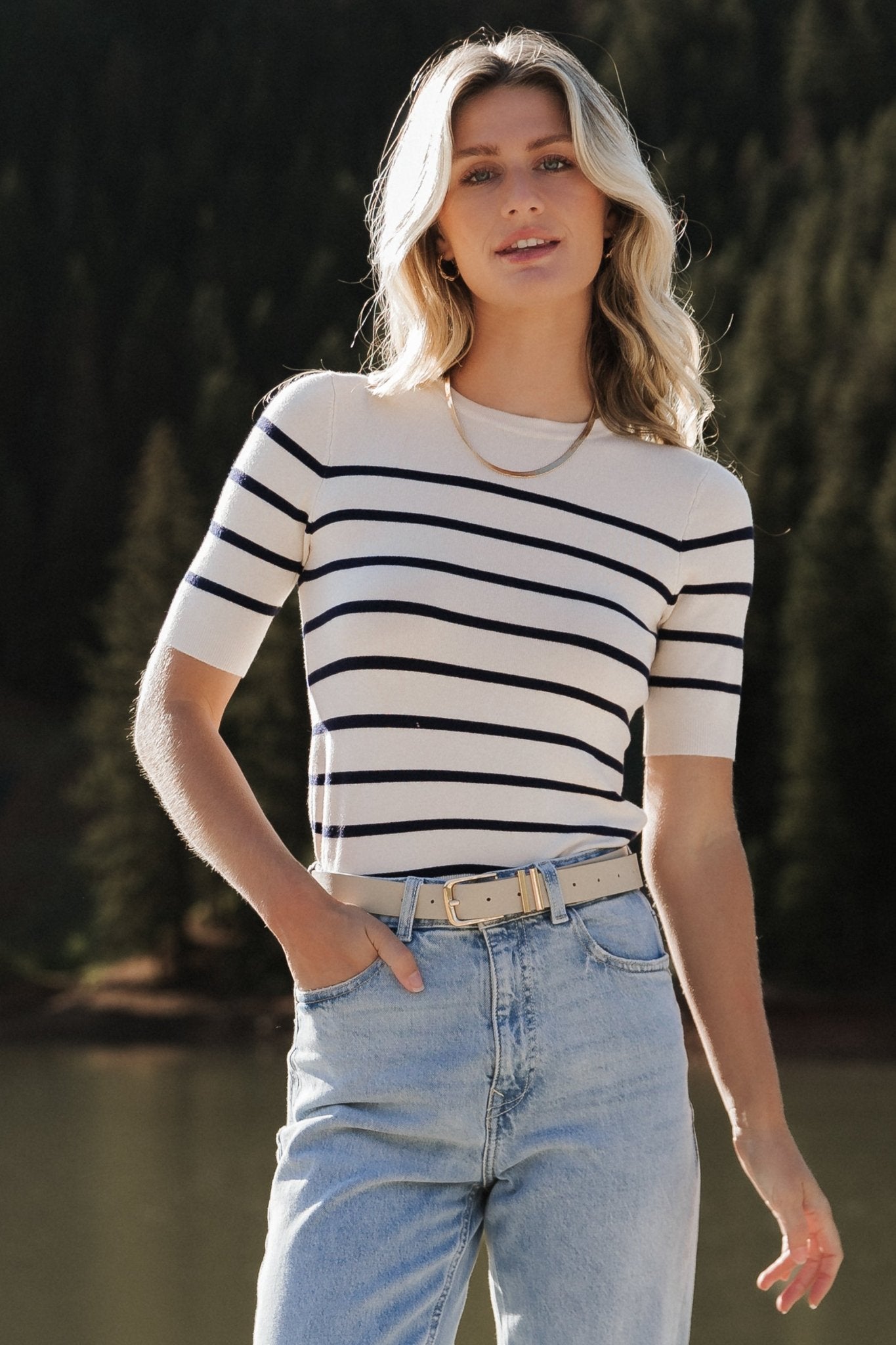 Soft Viscose Knit Top with Navy Stripes | Baltic Born