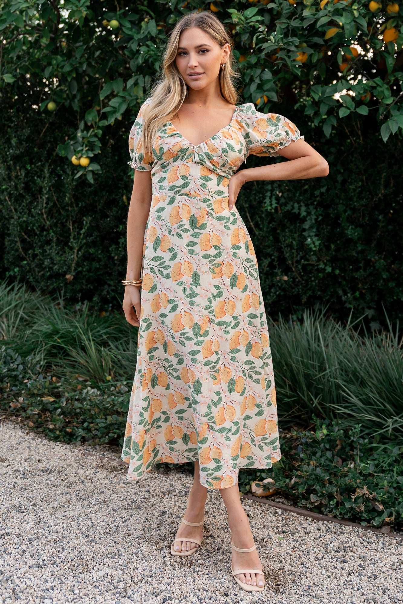 Lemon Print Midi Dress with V-Neck & Side Pockets | Amalfi