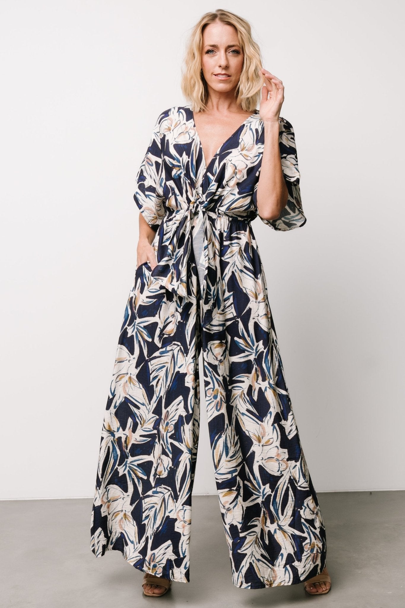 Linen Wide Leg Jumpsuit with Floral Print & Pockets | Baltic Born