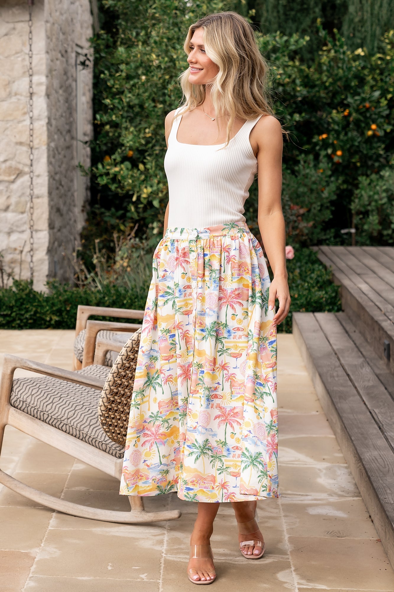 Off White Printed Button Midi Skirt with Pockets | Baltic Born