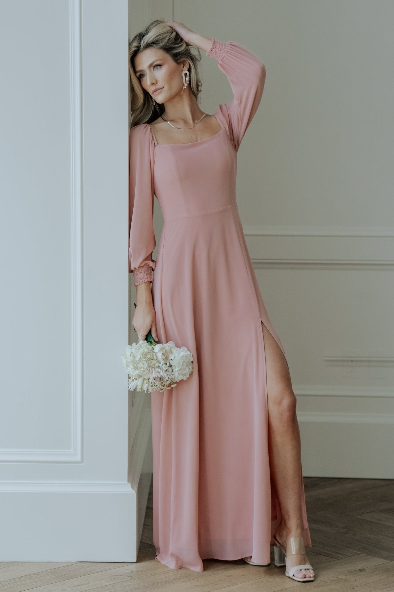 Blush Chiffon Maxi Dress with Smocked Bodice & 3/4 Sleeves | Baltic Born