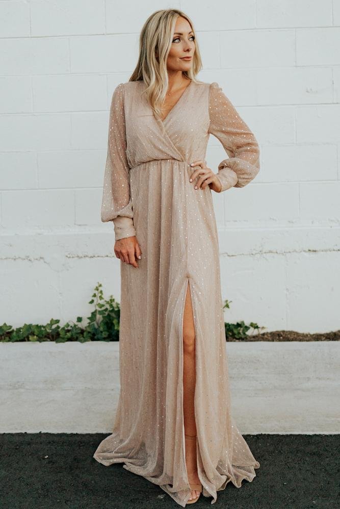 Champagne Sequin Gown with Slit & Wrap Neckline | Abigail