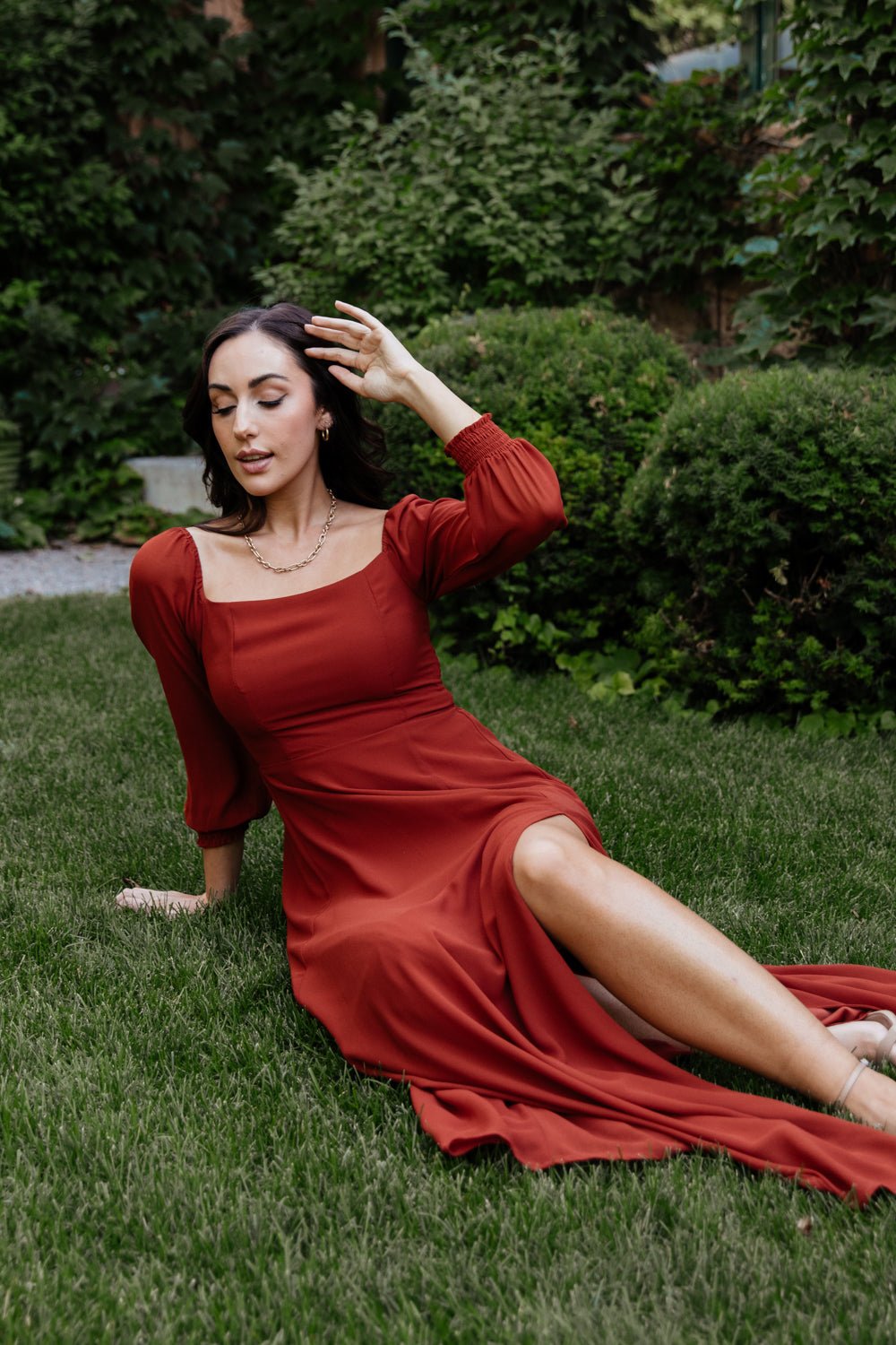 Rust Chiffon Maxi Dress with Smocked Bodice & Sleeves | Giselle