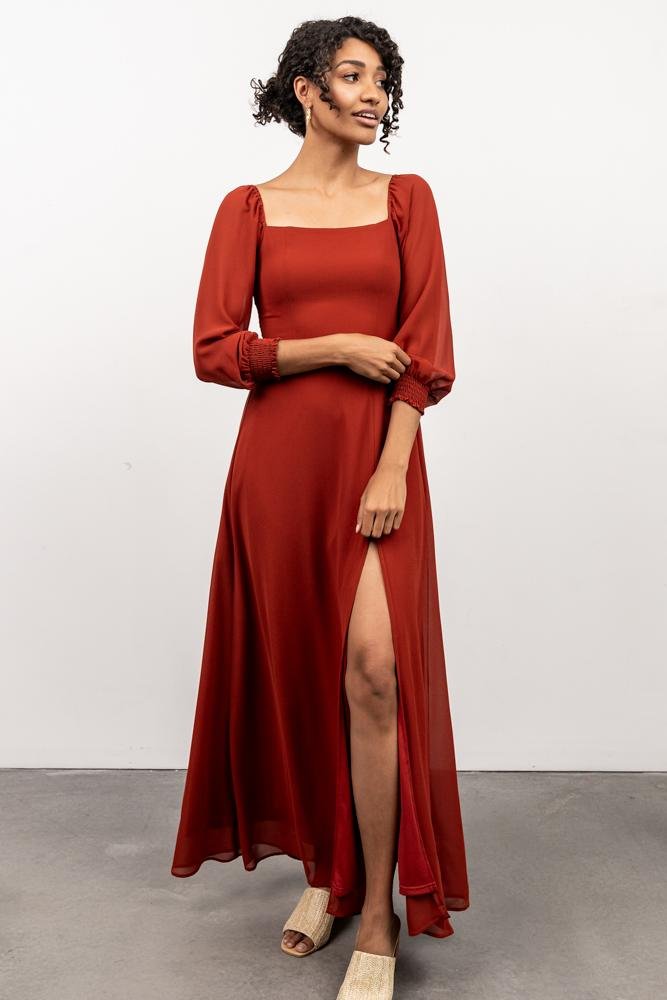 Rust Chiffon Maxi Dress with Smocked Bodice & Sleeves | Giselle