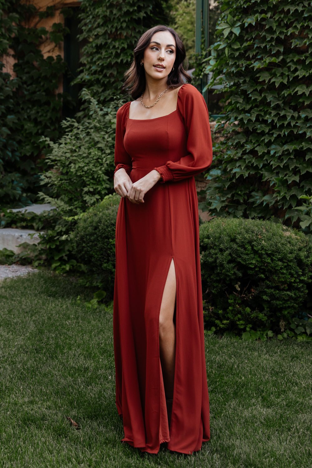 Rust Chiffon Maxi Dress with Smocked Bodice & Sleeves | Giselle