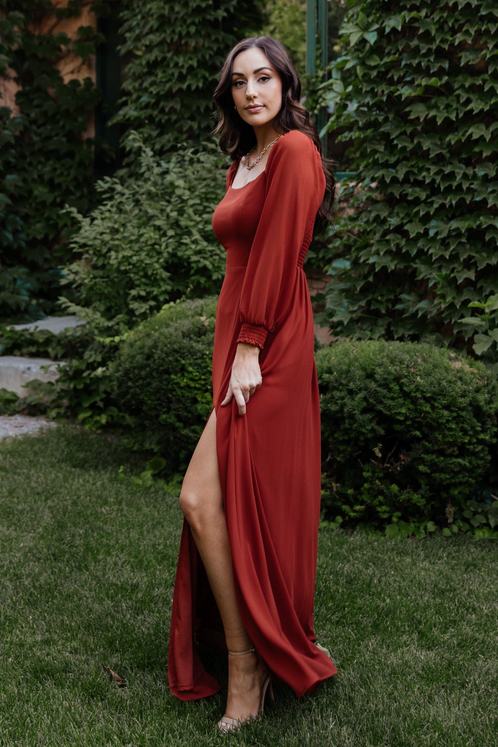 Rust Chiffon Maxi Dress with Smocked Bodice & Sleeves | Giselle