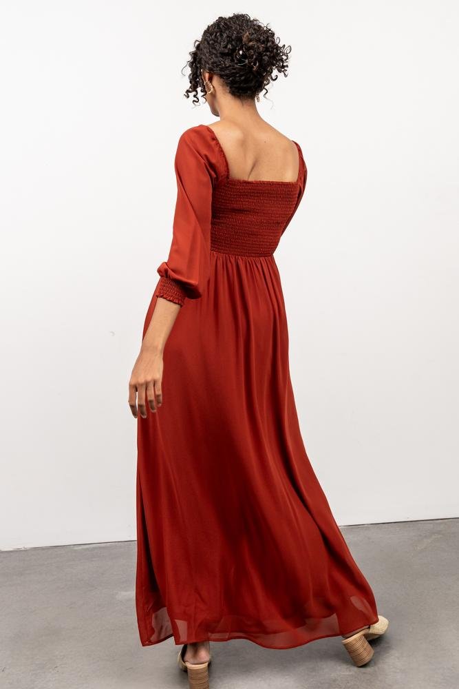 Rust Chiffon Maxi Dress with Smocked Bodice & Sleeves | Giselle