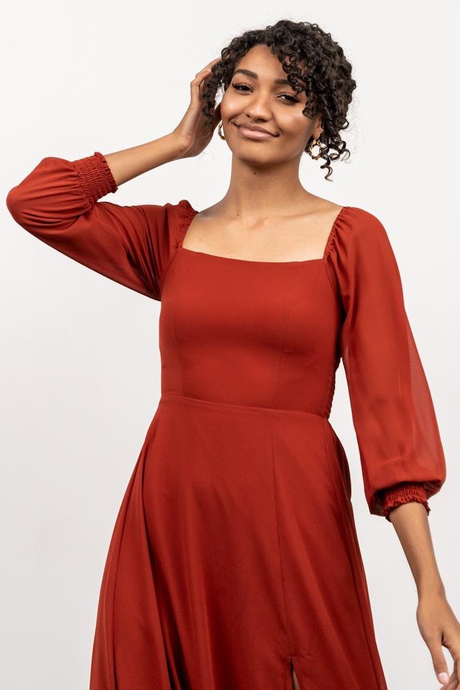 Rust Chiffon Maxi Dress with Smocked Bodice & Sleeves | Giselle