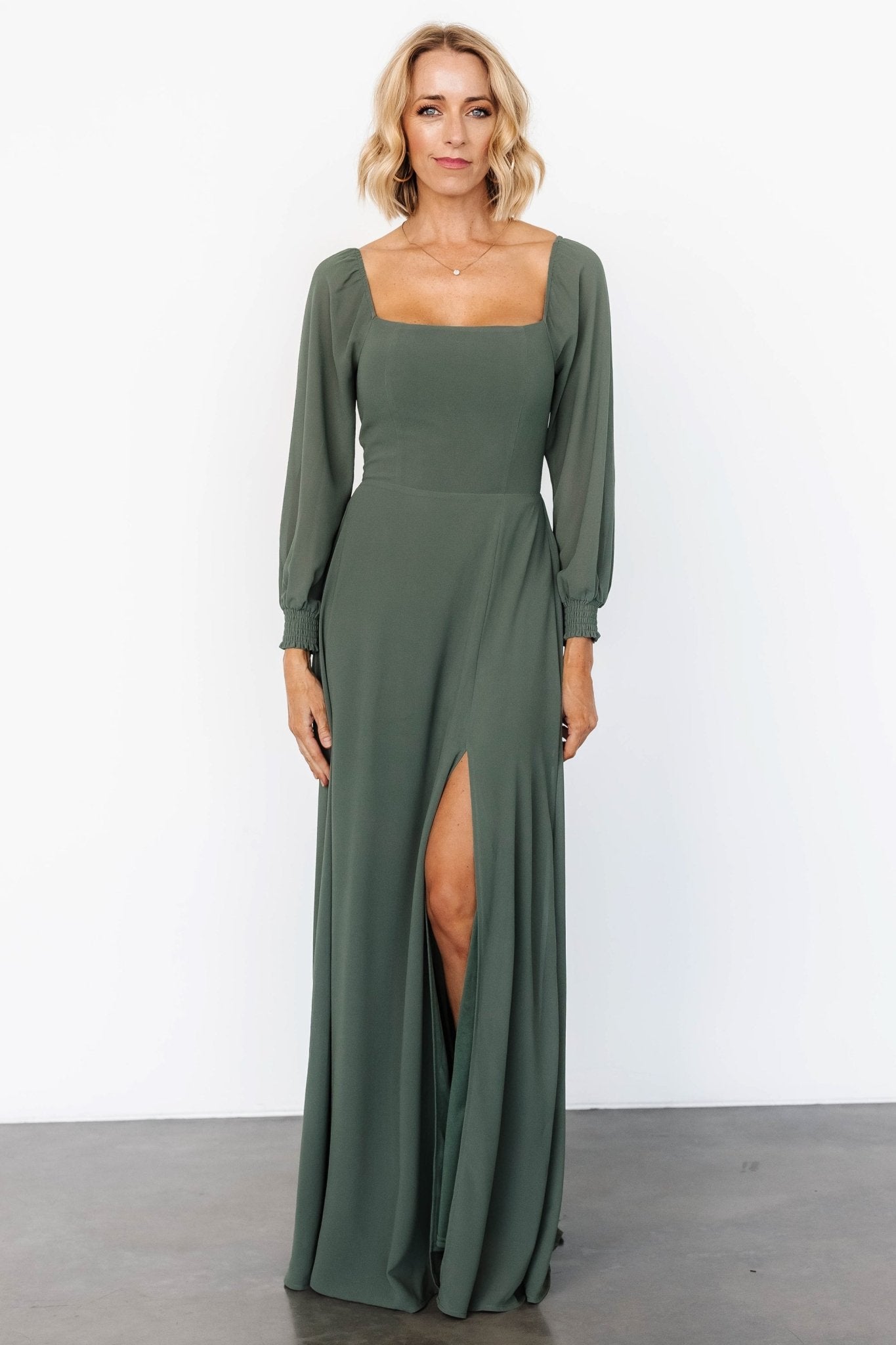 Dark Sage Chiffon Maxi Dress with Smocked Bodice | Baltic Born