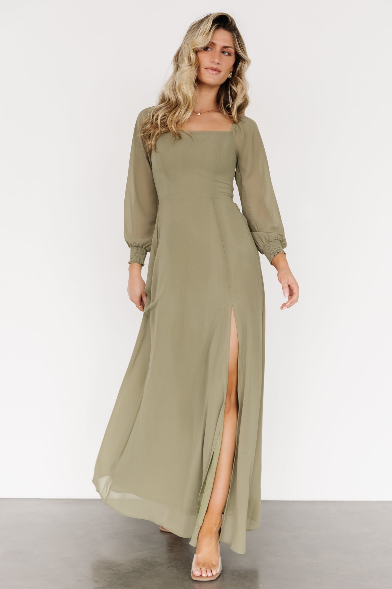Chiffon Maxi Dress with Smocked Bodice & Sleeves | Dusty Olive