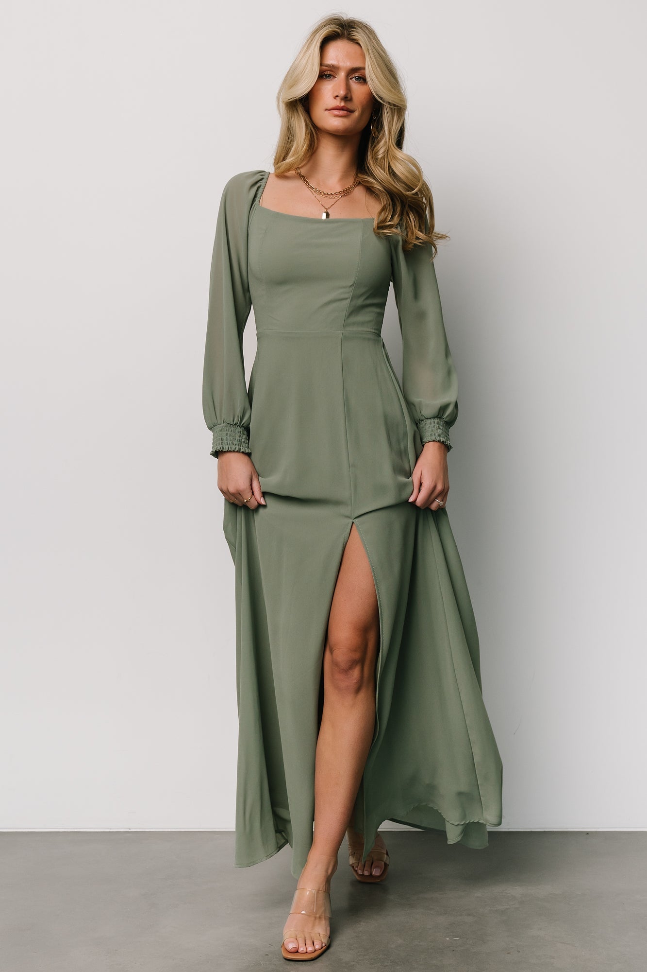 Eucalyptus Maxi Dress with Smocked Bodice & 3/4 Sleeves | Baltic Born