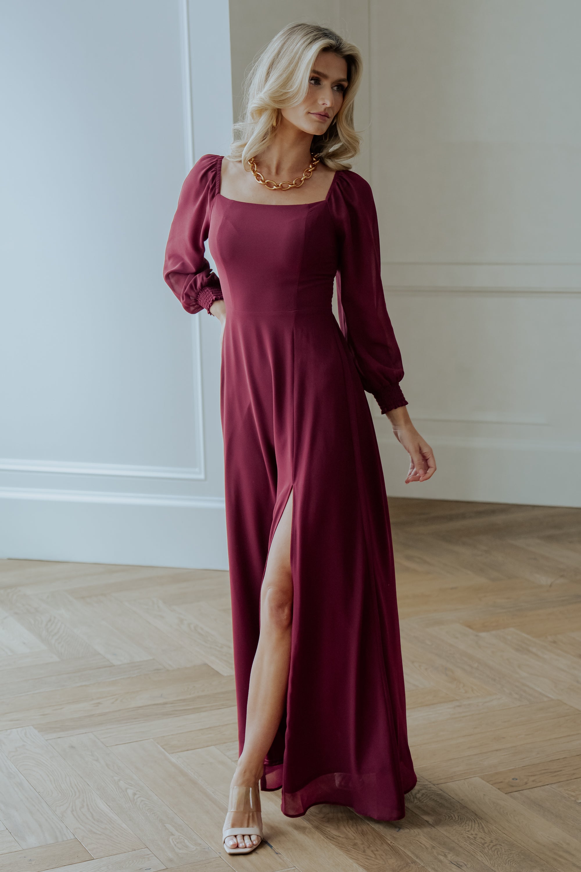 Mulberry Chiffon Maxi Dress with Smocked Back & Sleeves | Baltic Born