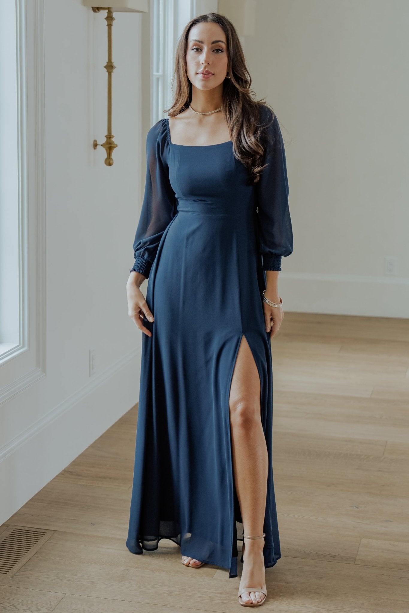 Navy Chiffon Maxi Dress with Smocked Bodice & 3/4 Sleeves | Baltic Born