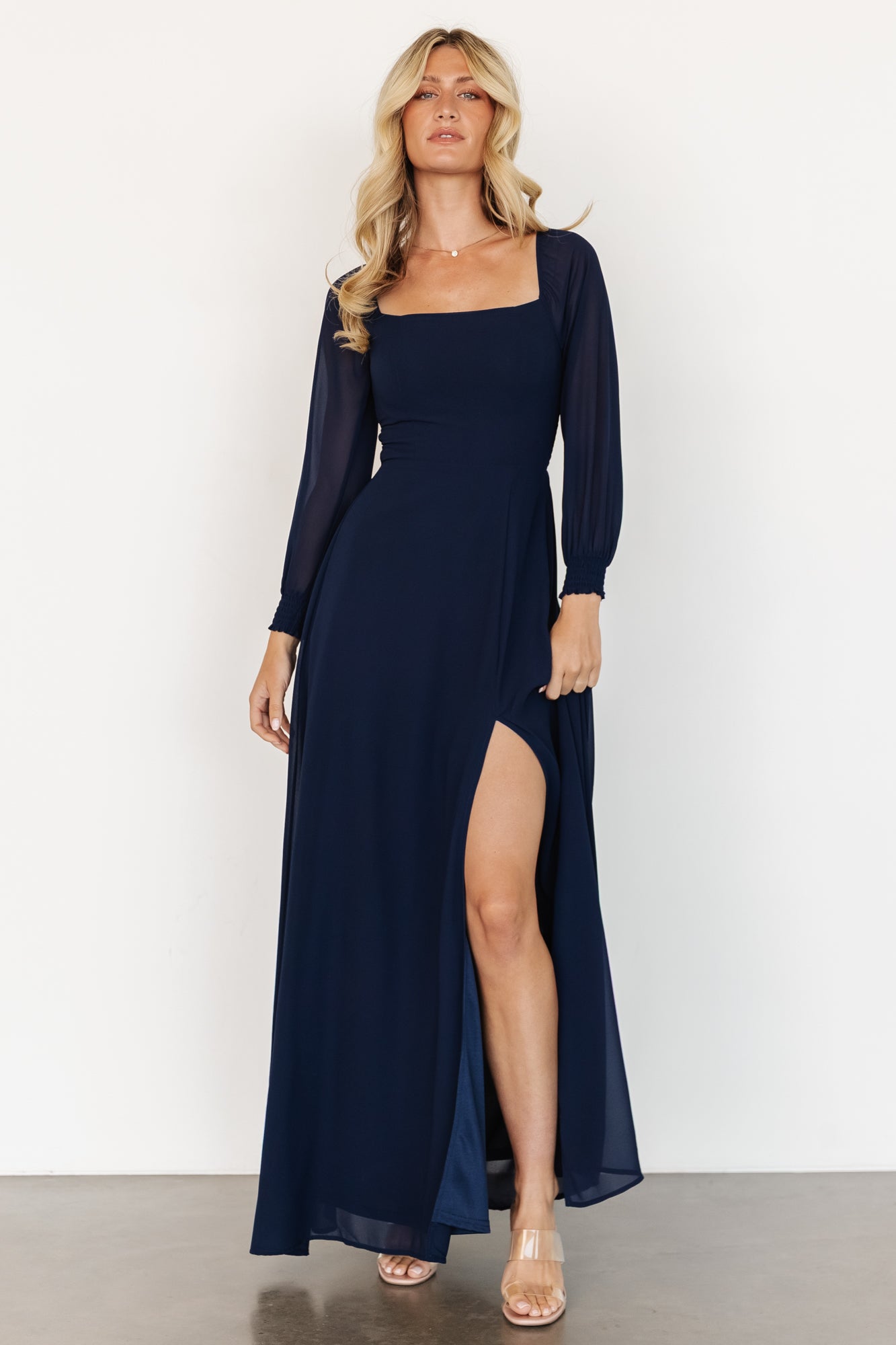 Navy Chiffon Maxi Dress with Smocked Bodice & 3/4 Sleeves | Baltic Born