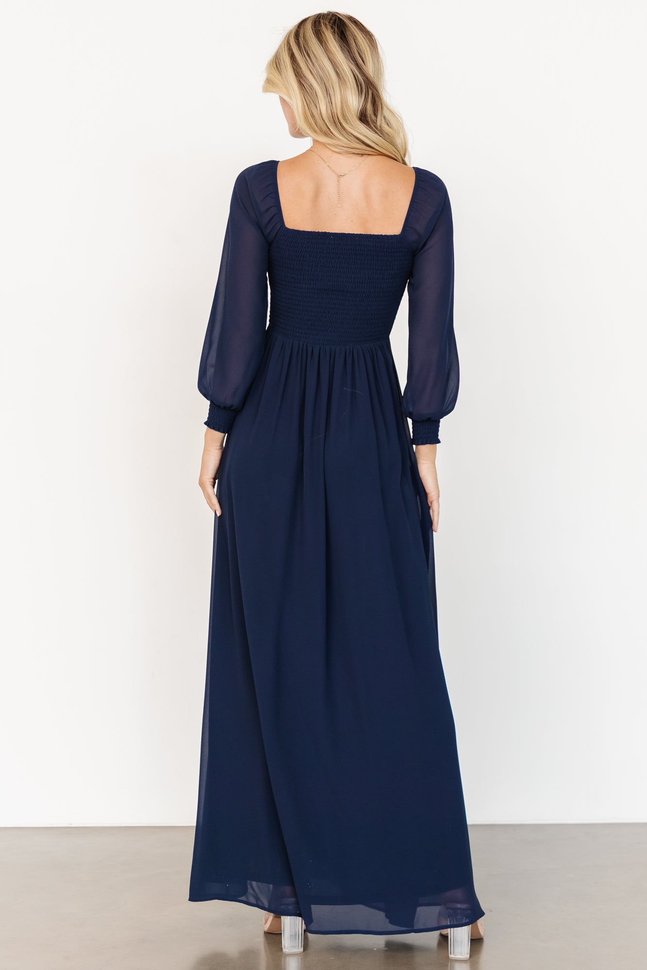 Navy Chiffon Maxi Dress with Smocked Bodice & 3/4 Sleeves | Baltic Born
