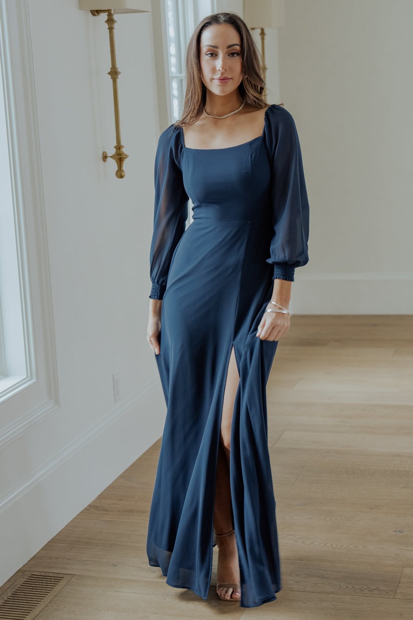 Navy Chiffon Maxi Dress with Smocked Bodice & 3/4 Sleeves | Baltic Born