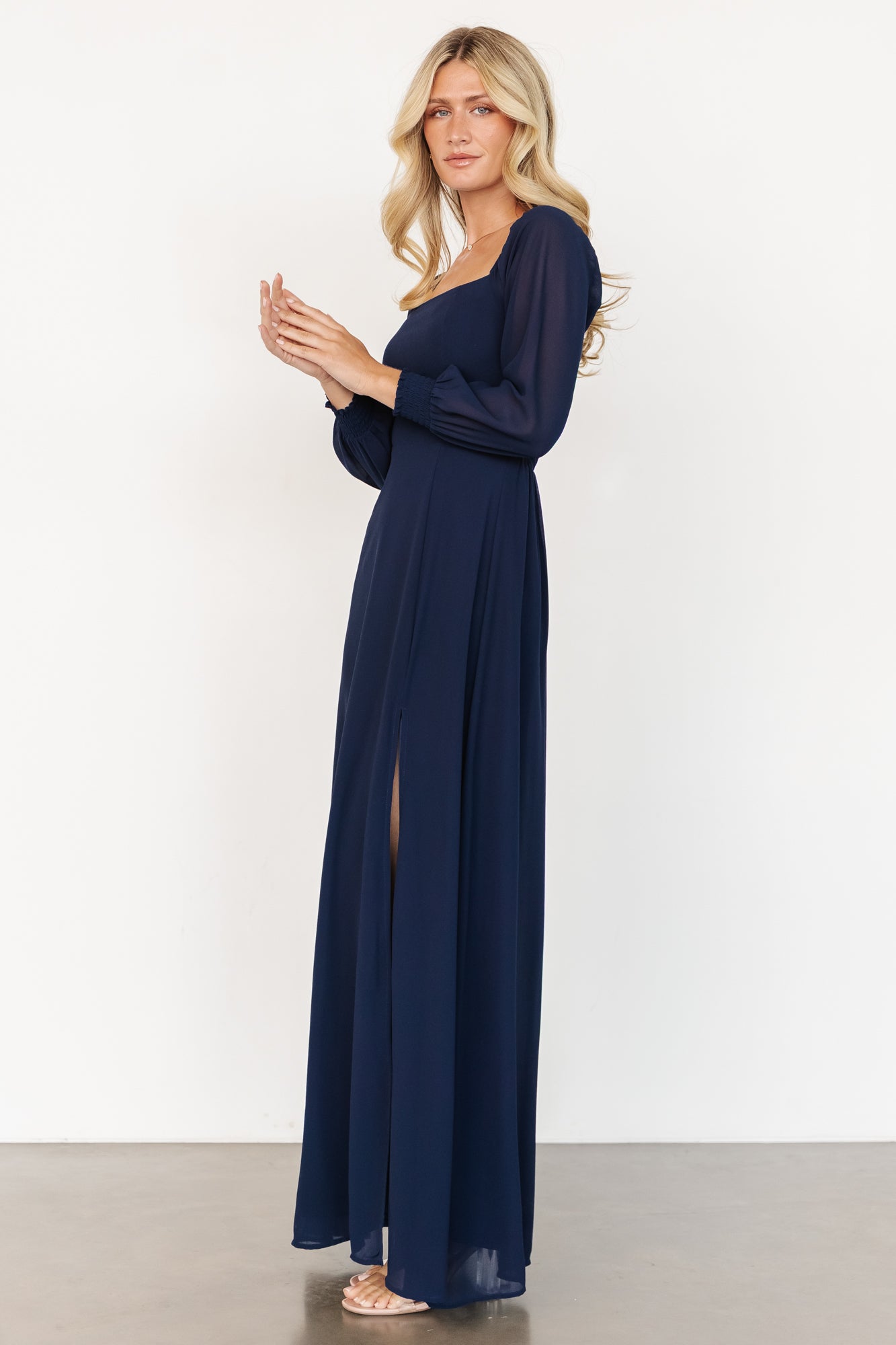Navy Chiffon Maxi Dress with Smocked Bodice & 3/4 Sleeves | Baltic Born