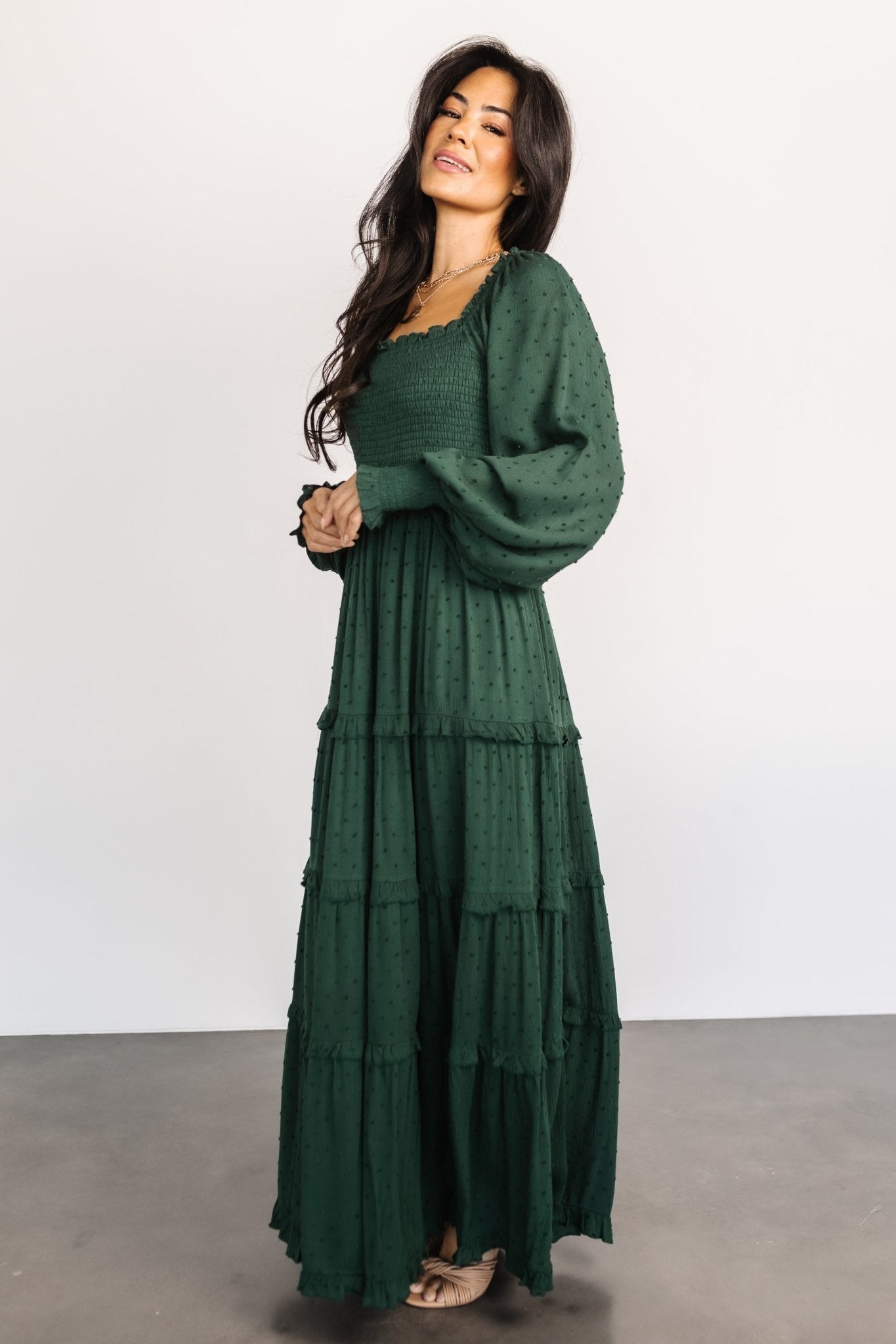 Smocked Dotted Maxi Dress with Square Neckline | Evergreen