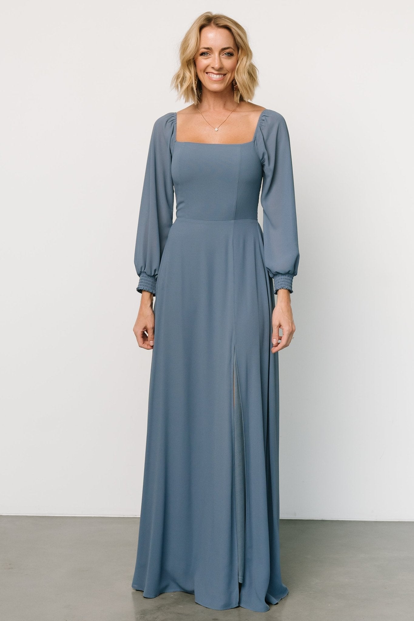 Whisper Blue Chiffon Maxi Dress with Smocked Bodice & Sleeves | Giselle