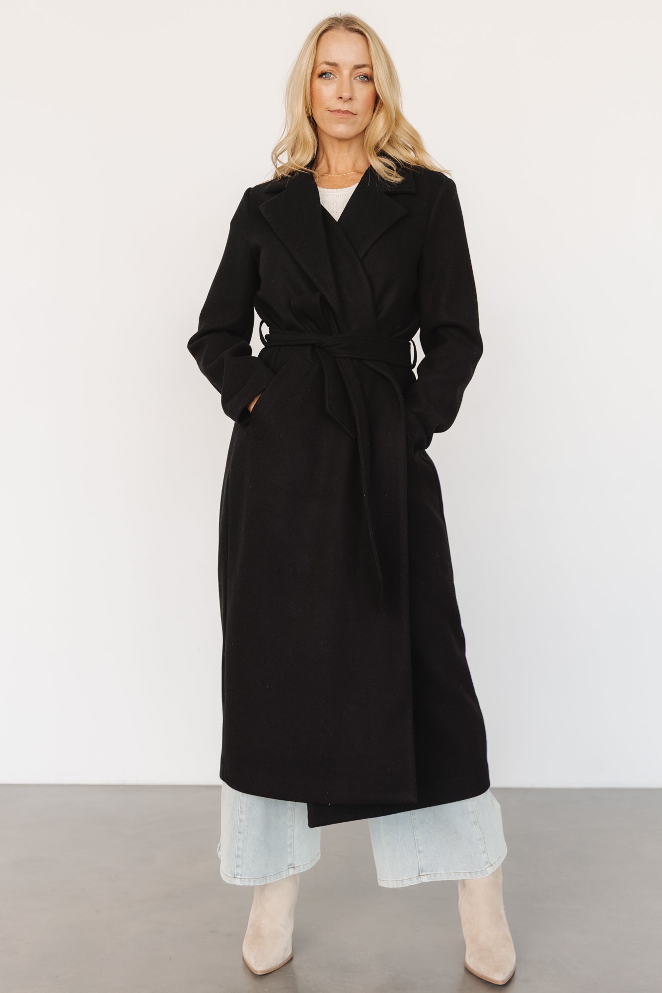 Black Long Wool Coat with Removable Sash & Pockets | Glenwood